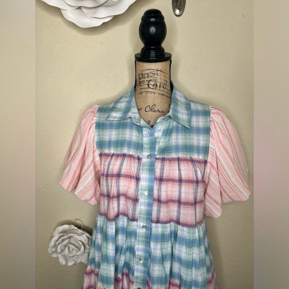 NTM: Entro Bubble Sleeve Blue, Green, Pink & White Plaid Lined Mini Dress Sz L - Picture 3 of 14